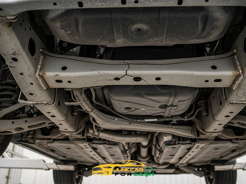 Underside of a car showing a cracked and bent frame crossmember, highlighting structural damage beneath the vehicle.