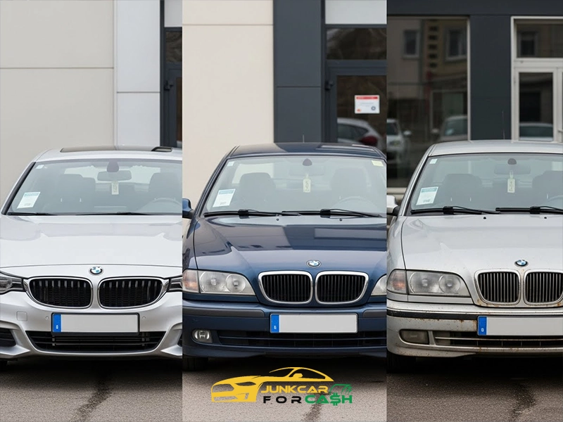 Three front-facing BMW sedans shown side by side, illustrating a progression from clean and well-maintained to older and visibly worn with dirt and rust.