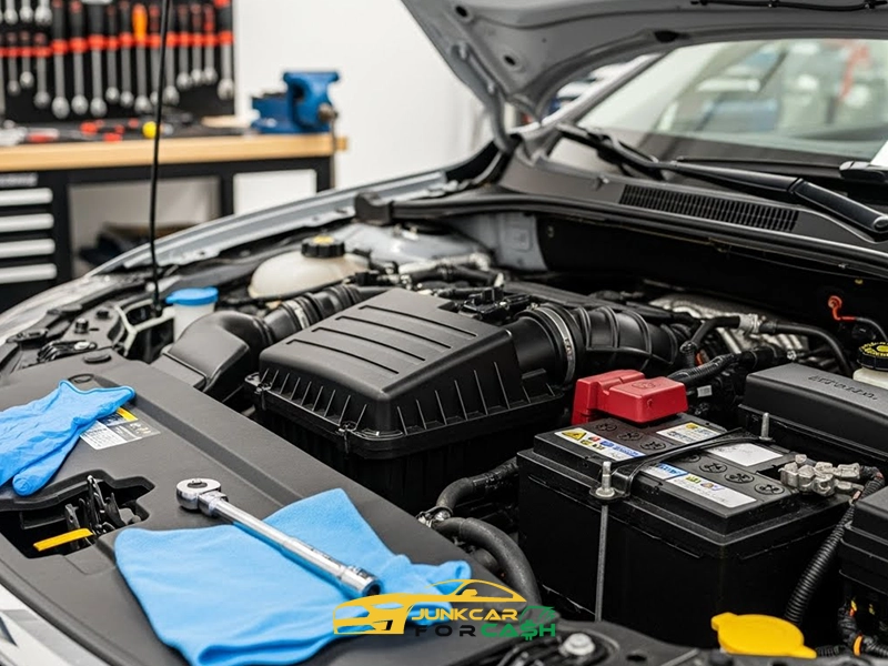 Open car hood showing engine bay with tools and blue towels laid out, featuring a visible Junk Car for Cash logo.
