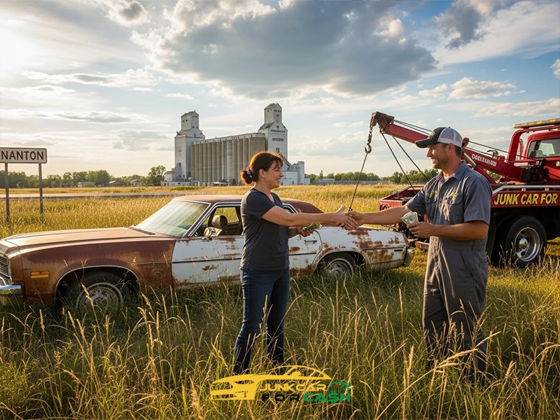 A woman shakes hands with a tow truck operator in a grassy field beside a rusted old car, with grain silos and a small town sign in the background under a partly cloudy sky.
