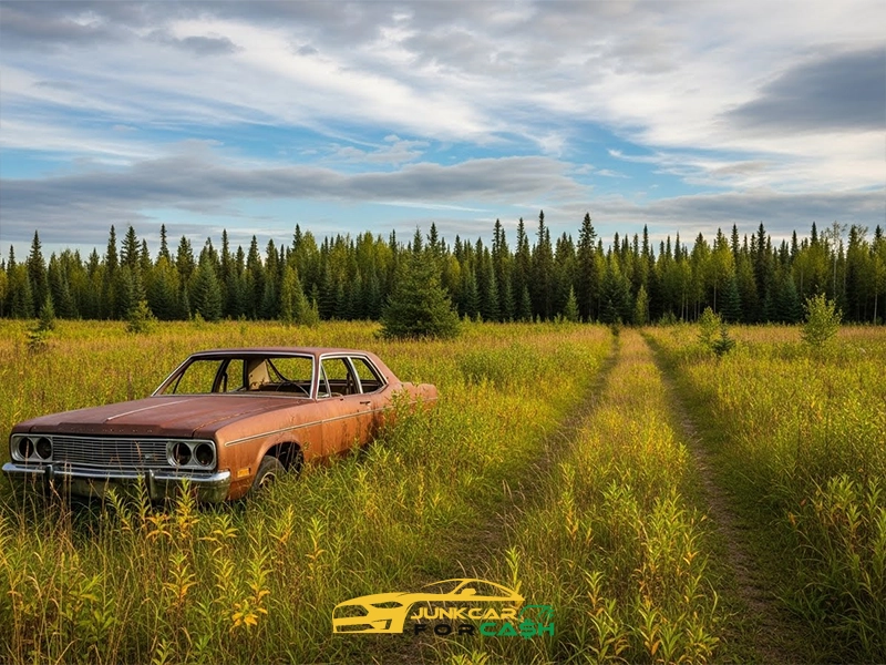 Abandoned rusty sedan sitting in tall grass along a narrow dirt track, surrounded by an open field and dense evergreen forest under a partly cloudy sky.