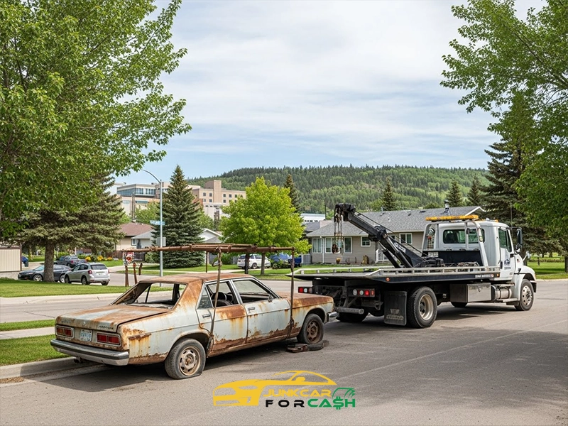 Tow truck parked on a residential street preparing to tow a heavily rusted, abandoned sedan, with trees, houses, and low hills in the background.