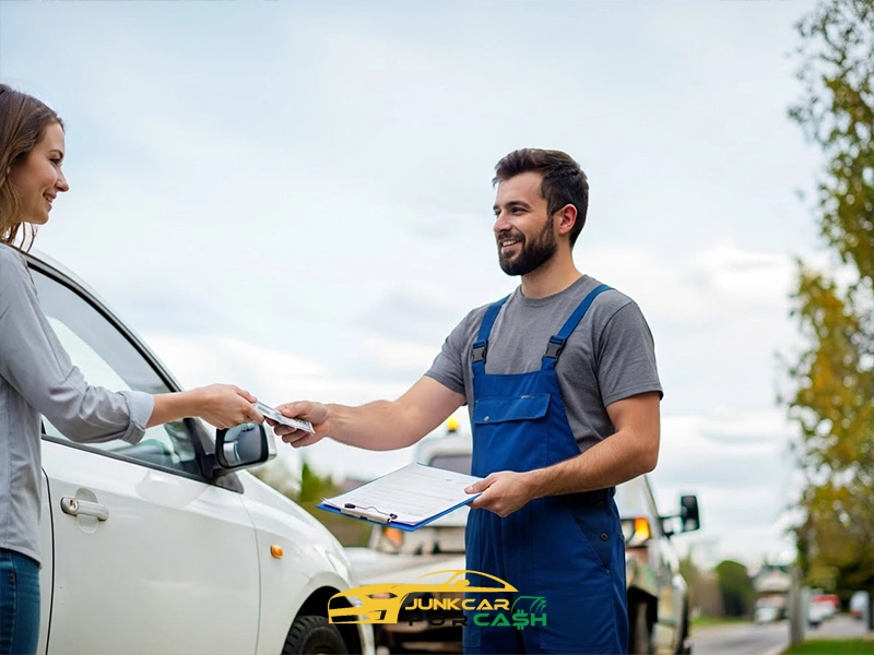 Tow truck worker in blue overalls hands cash and paperwork to a car owner beside a white vehicle, completing a junk car sale with a tow truck visible in the background.