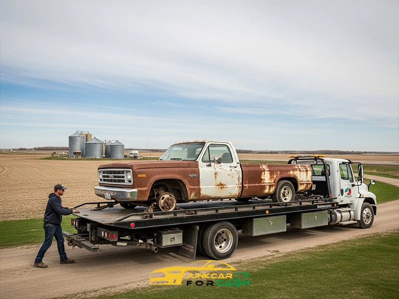 Tow truck loading a rusty old pickup onto a flatbed on a rural road, with farmland and grain silos visible in the background.