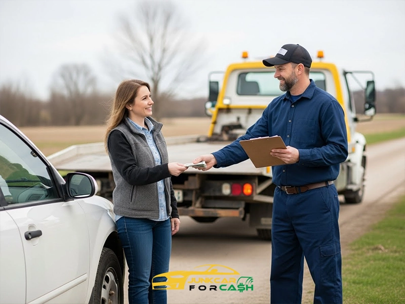 Tow truck driver handing cash to a car owner beside a white vehicle, with a flatbed tow truck parked on a rural roadside in the background.