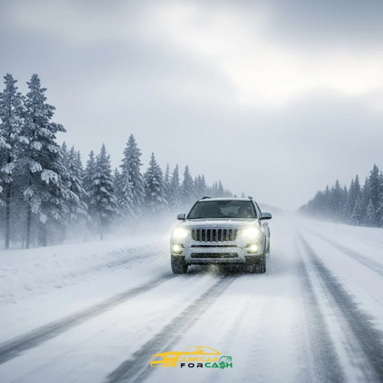 SUV driving through a snowy forest road in low visibility with headlights on, featuring Junk Car for Cash branding.