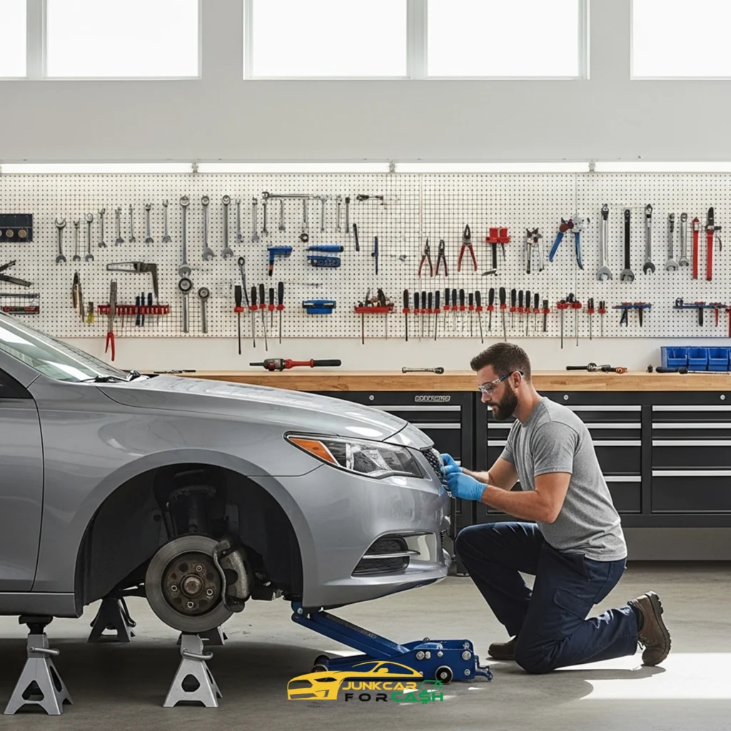 Mechanic working on a silver car lifted on jack stands in a bright workshop, with tools organized on a wall and a Junk Car for Cash logo visible.