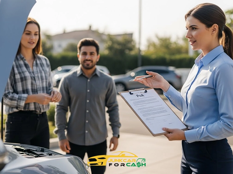 Representative holding a Power of Attorney form on a clipboard while speaking with two customers beside a car, branded Junk Car for Cash.