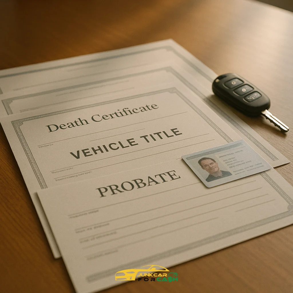 Documents labeled death certificate, vehicle title, and probate on a table with a car key and ID card.