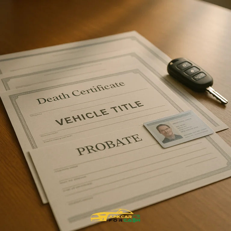 Documents labeled death certificate, vehicle title, and probate on a table with a car key and ID card.