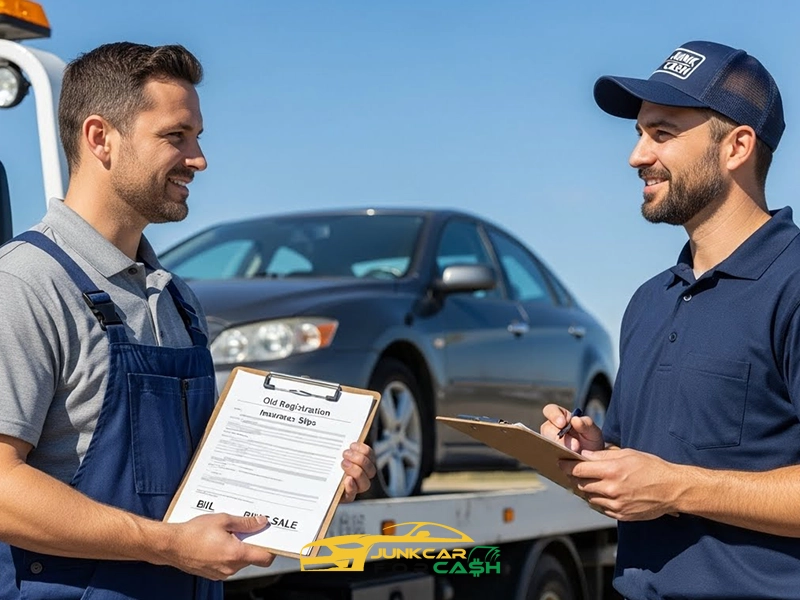 Tow truck driver and buyer reviewing paperwork in front of a car loaded on a flatbed, smiling during a vehicle sale process.