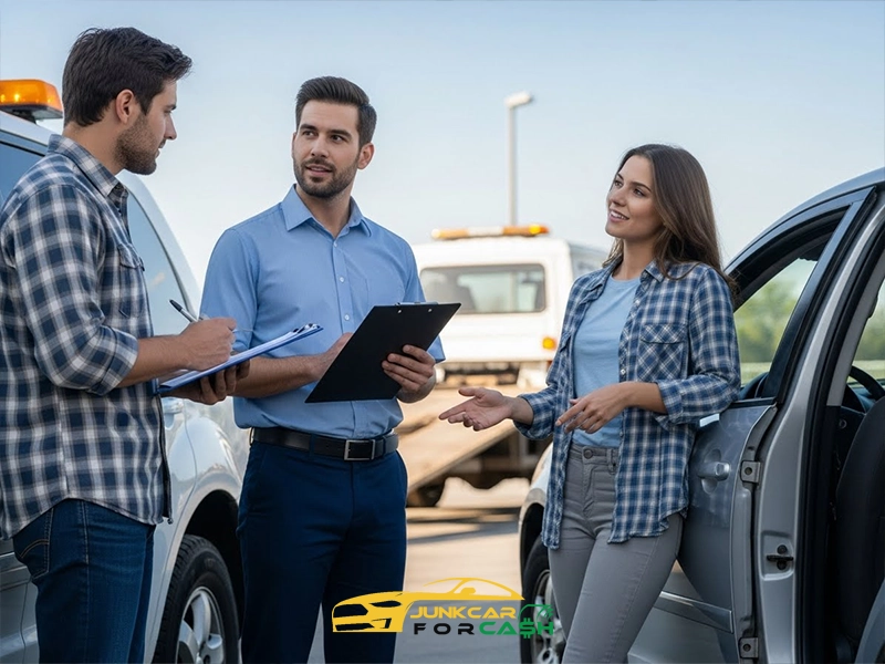 Car owner discussing vehicle inspection with two buyers holding clipboards beside a car, with a tow truck visible in the background.