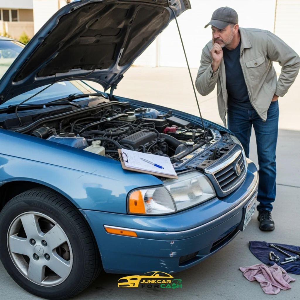 Man inspecting the engine of an older blue car with the hood open, looking concerned while a clipboard rests on the front of the vehicle.
