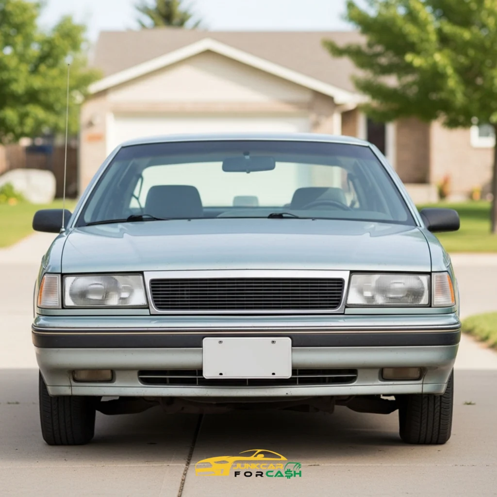 Front view of an older light-blue sedan parked in a residential driveway with a house and trees in the background.