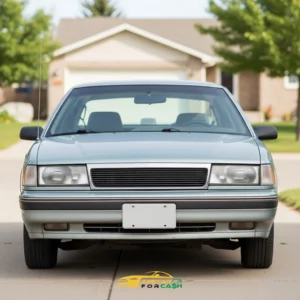 Front view of an older light-blue sedan parked in a residential driveway with a house and trees in the background.