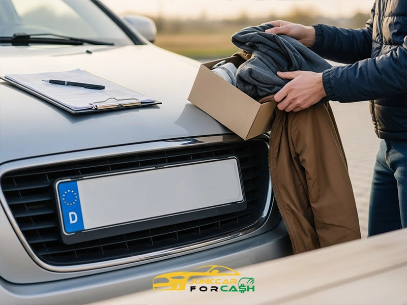 Person removing personal belongings from a box on the hood of a car, with paperwork and a clipboard placed nearby.
