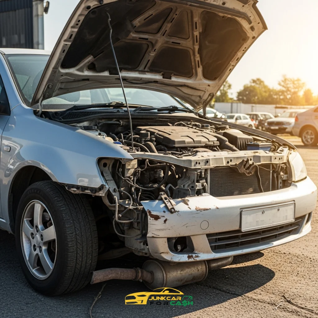Front view of a damaged car with the hood open, missing headlights and bumper parts, exposing the engine and radiator in a parking lot.