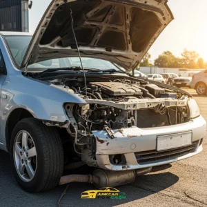 Front view of a damaged car with the hood open, missing headlights and bumper parts, exposing the engine and radiator in a parking lot.