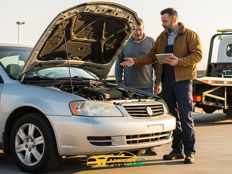 Two men inspecting a car with its hood open in a parking lot, discussing the engine while a tow truck waits in the background.