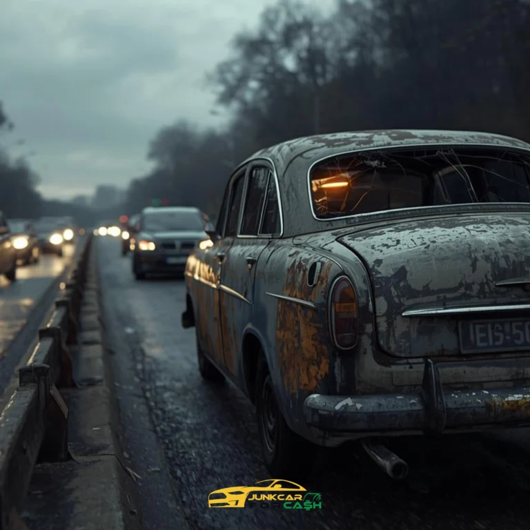Rusted, broken-down vintage car stopped on the roadside in rainy traffic, with cracked rear window and peeling paint visible.