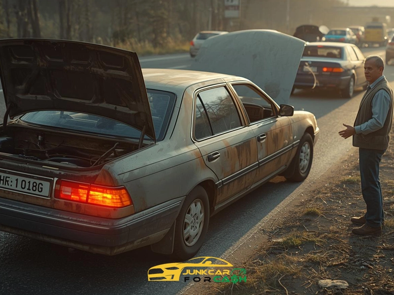 Broken-down old sedan with hood and trunk open on the roadside, showing rusted body panels as the driver stands nearby waiting for help.