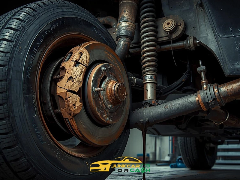 Close-up of severely worn car suspension and brake components, showing rusted brake caliper, corroded rotor, and damaged undercarriage parts.