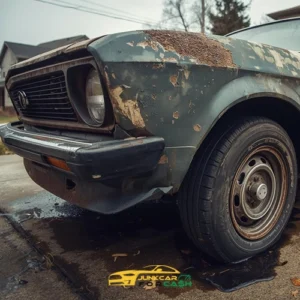 Rusted old car with peeling paint parked on a residential driveway, showing heavy corrosion on the hood, fender, and wheel area.