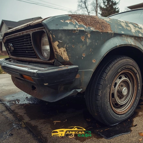 Rusted old car with peeling paint parked on a residential driveway, showing heavy corrosion on the hood, fender, and wheel area.