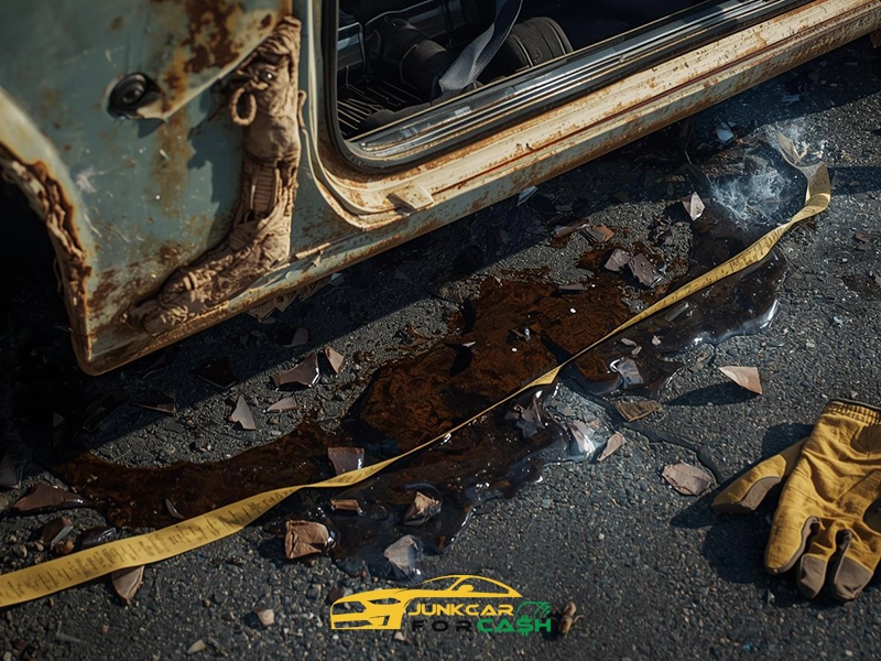 Close-up of a rusted car door with shattered glass, spilled fluid on the pavement, and a measuring tape and work glove beside the damaged vehicle.