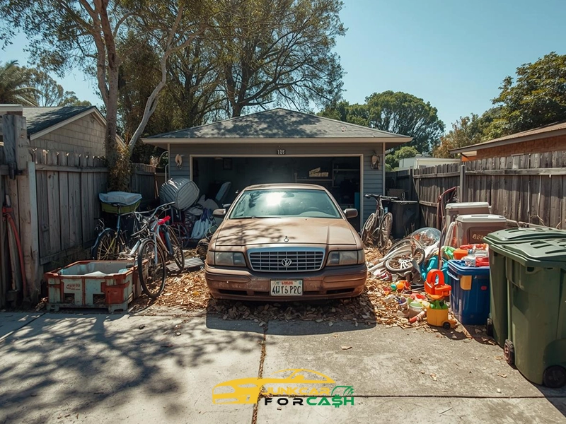 Old unused car parked in a cluttered driveway in front of a garage, surrounded by bicycles, storage bins, trash containers, and scattered household items.