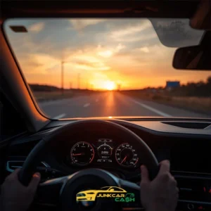 Driver’s perspective of hands on steering wheel while driving on an open highway at sunset, dashboard gauges illuminated and warm orange sunlight visible through the windshield.