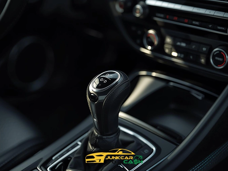 Close-up of an automatic car gear shift lever inside a modern vehicle, with dashboard controls and center console visible in the background.