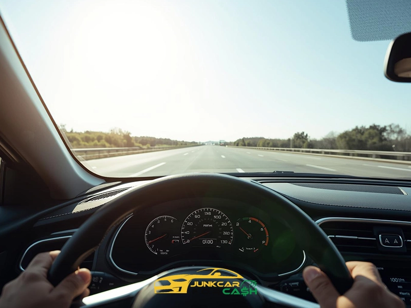 Driver’s perspective of hands on a steering wheel while traveling on an open highway under clear daylight, with dashboard gauges visible and a long, mostly empty road stretching ahead.