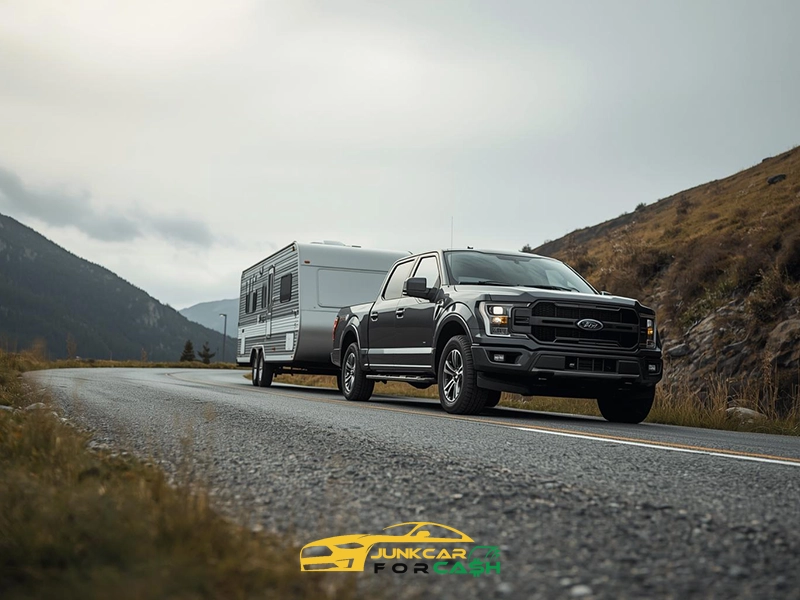 Black pickup truck towing a white travel trailer along a mountain highway, surrounded by rocky hills and overcast skies, captured from a low roadside angle showing the vehicle in motion.