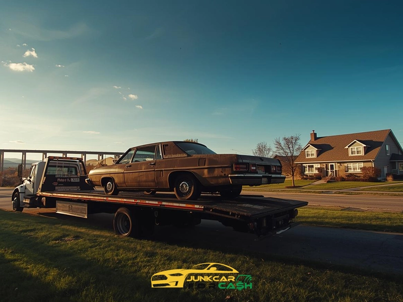 Old brown sedan loaded onto a flatbed tow truck parked along a quiet suburban street at sunset. A single-family home with a manicured lawn sits in the background under a clear blue sky. The scene suggests vehicle removal or junk car pickup in a residential neighborhood.