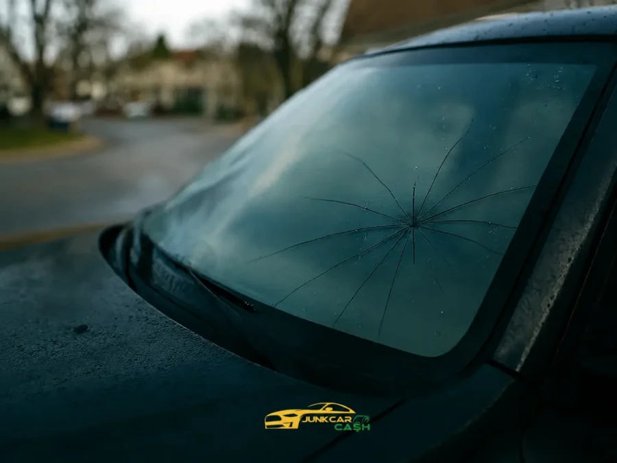A car with a cracked windshield