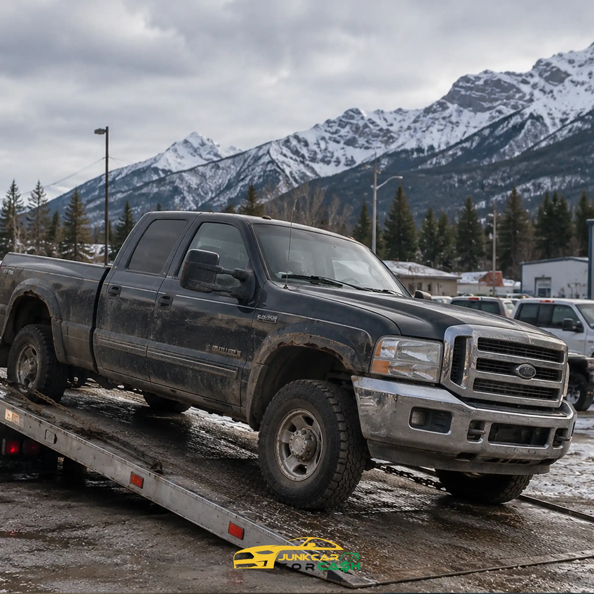 Truck being picked up by flatbed